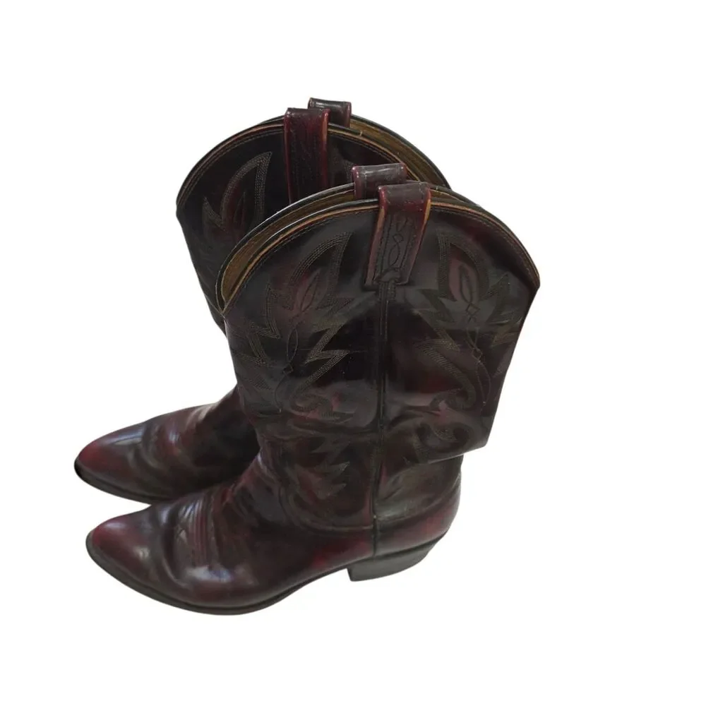 Vintage Dan Post Mens 10 D Burgundy Black Western Cowboy Boots USA Leather